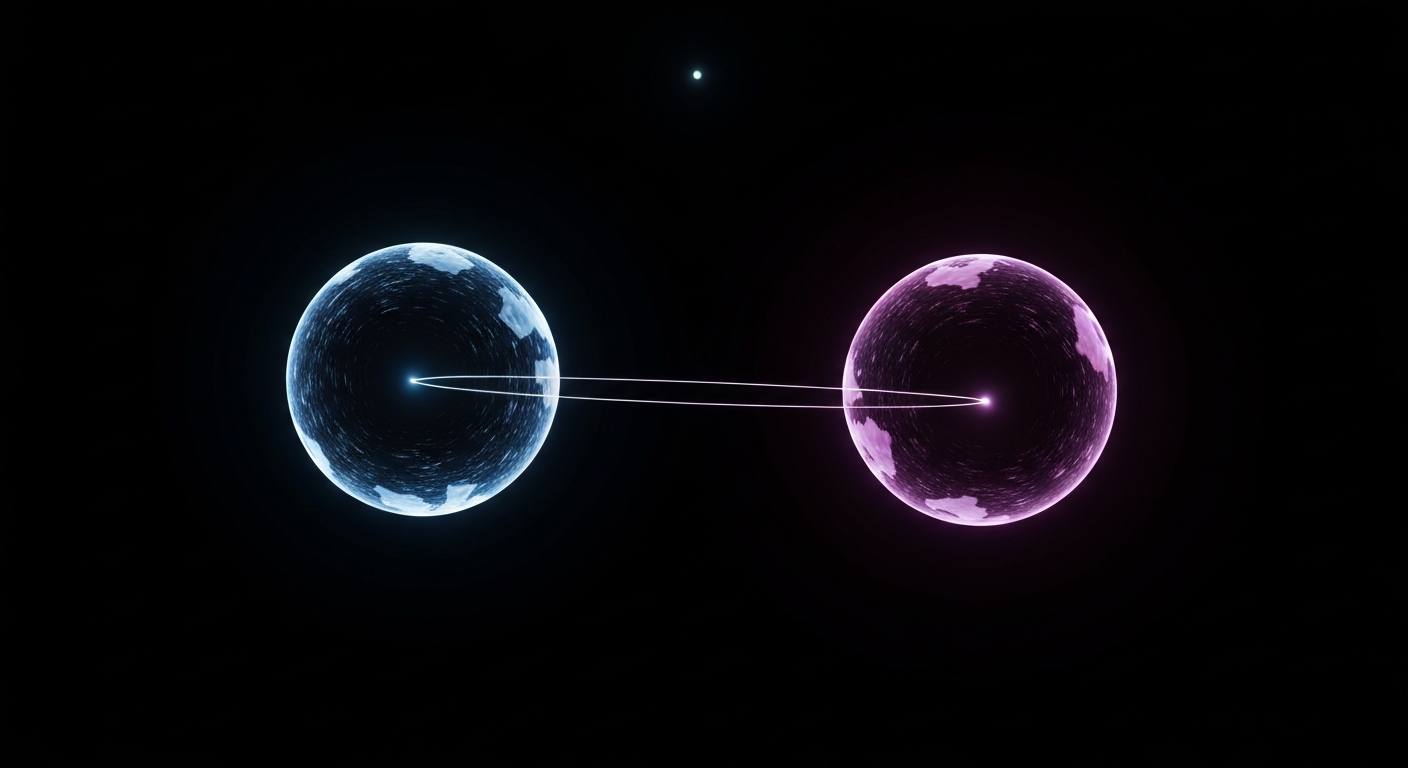 A blue money sphere and a violet luxury-travel sphere joined by a single bright intelligent thread on a deep black ground